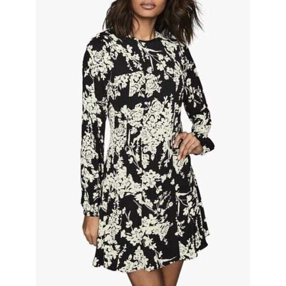 Reiss Size 2 Black Ecru Floral Gabriella Mini Dress | Size 2 - Picture 2 of 11